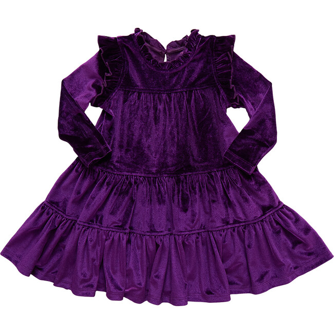 Girls Kalani Velour Ruffle Neck Long Sleeve Tired Dress, Plum