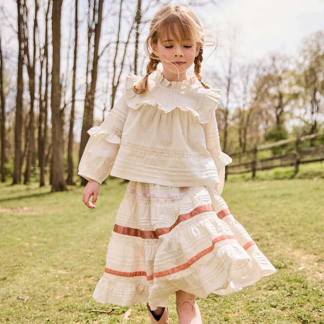 Girls Mira Ruffle Neck Long Sleeve Pintuck Lace Top, Antique White - Shirts - 2