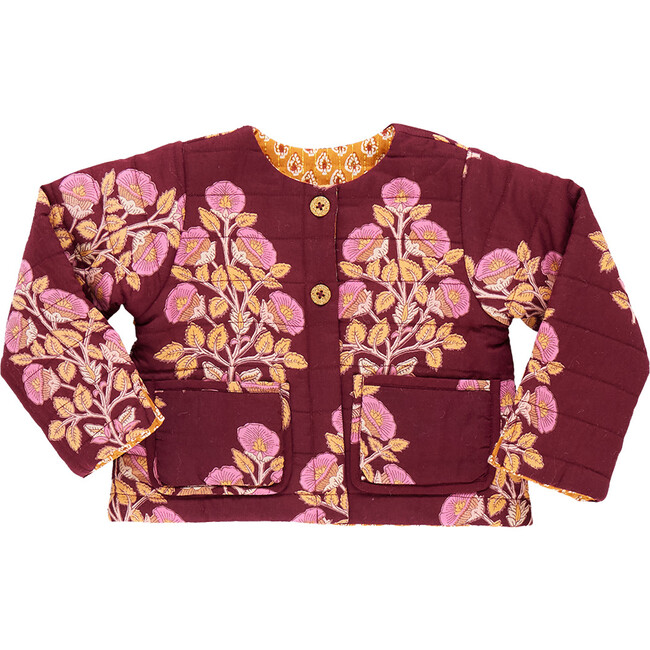 Girls Reversible Quilted Jacket, Burgundy Bouquet Floral