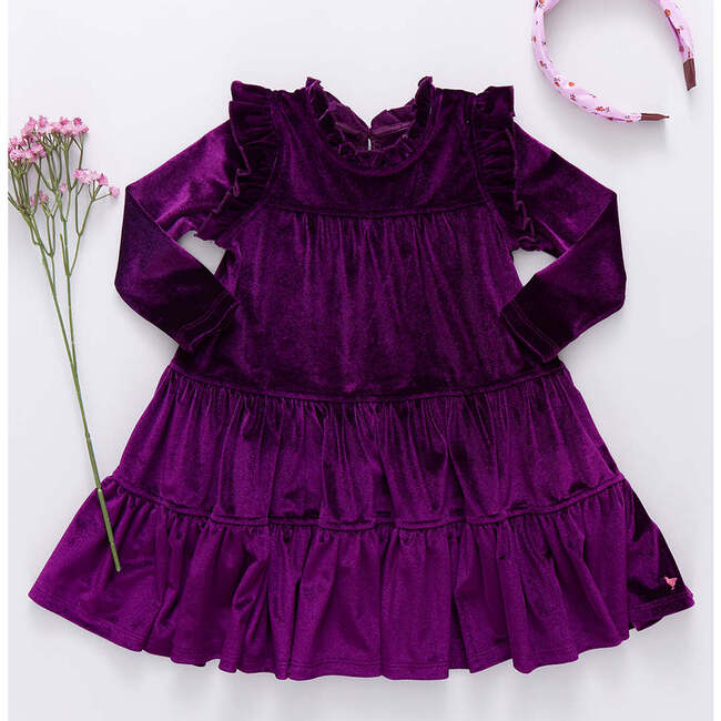 Girls Kalani Velour Ruffle Neck Long Sleeve Tired Dress, Plum - Dresses - 3