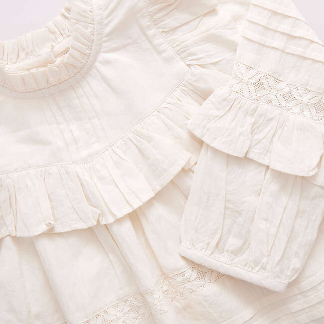 Girls Mira Ruffle Neck Long Sleeve Pintuck Lace Top, Antique White - Shirts - 4