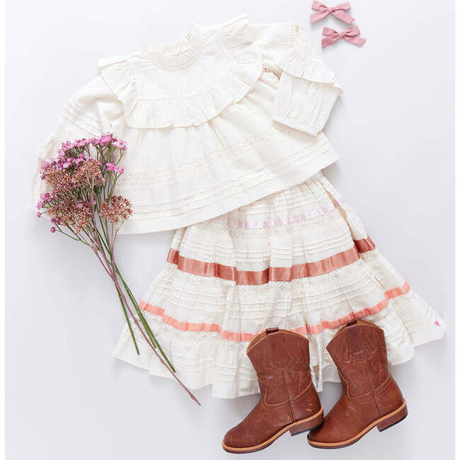 Girls Mira Ruffle Neck Long Sleeve Pintuck Lace Top, Antique White - Shirts - 6