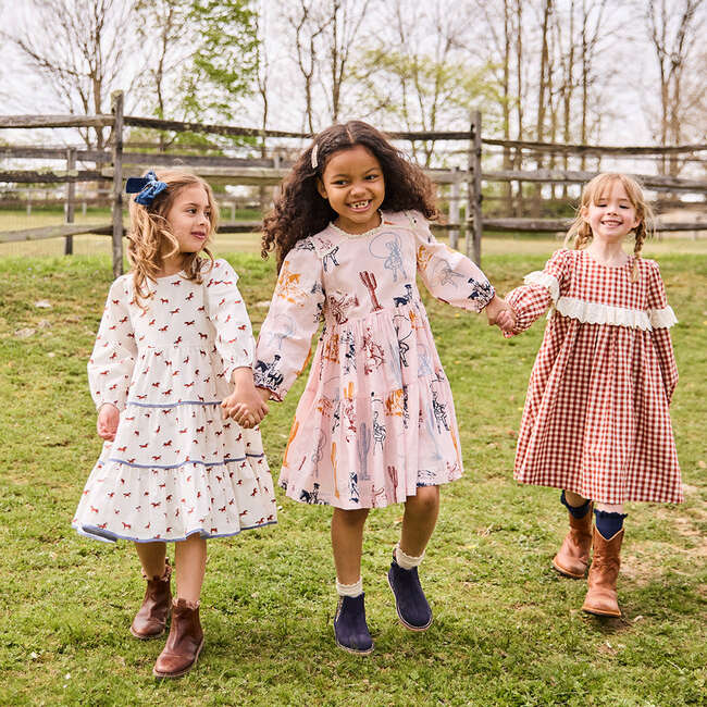 Girls Julia Chambray Trim Long Puff Sleeve Tired Dress, Tiny Horses - Dresses - 3