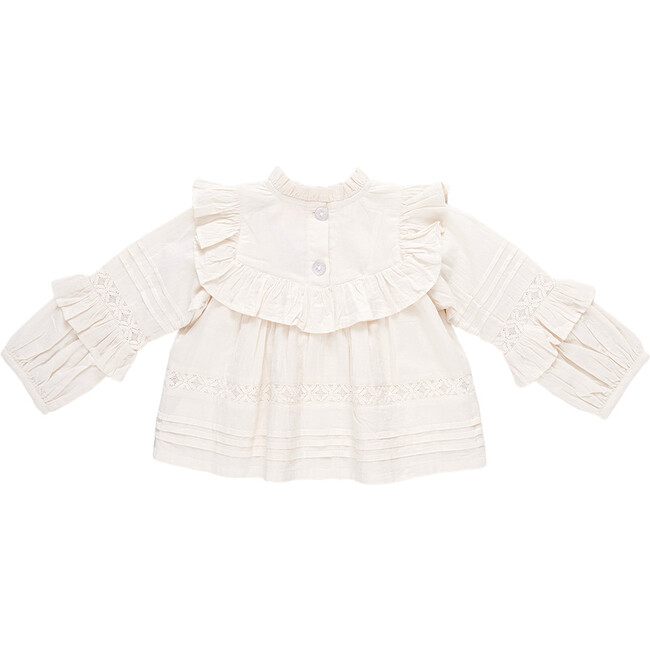 Girls Mira Ruffle Neck Long Sleeve Pintuck Lace Top, Antique White - Shirts - 7