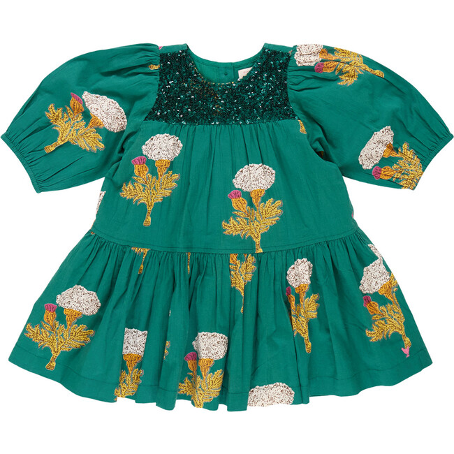 Girls Fiona Sequin Check Long Puff Sleeve Tired Dress, Emerald Marigold