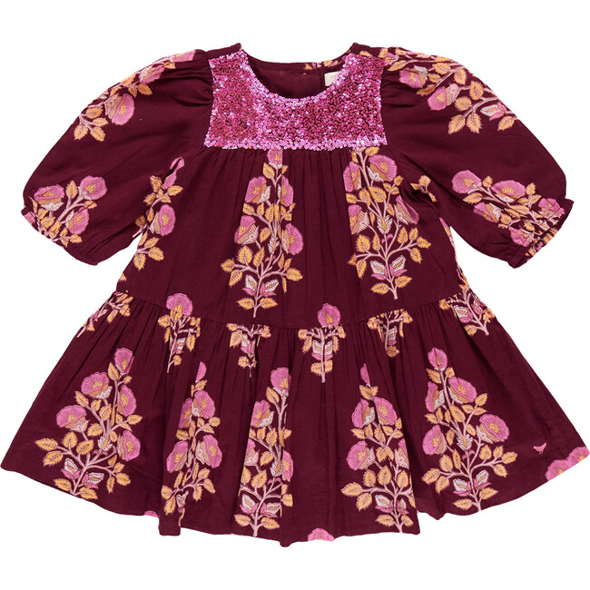 Girls Fiona Sequin Check Long Puff Sleeve Tired Dress, Burgundy Bouquet Floral