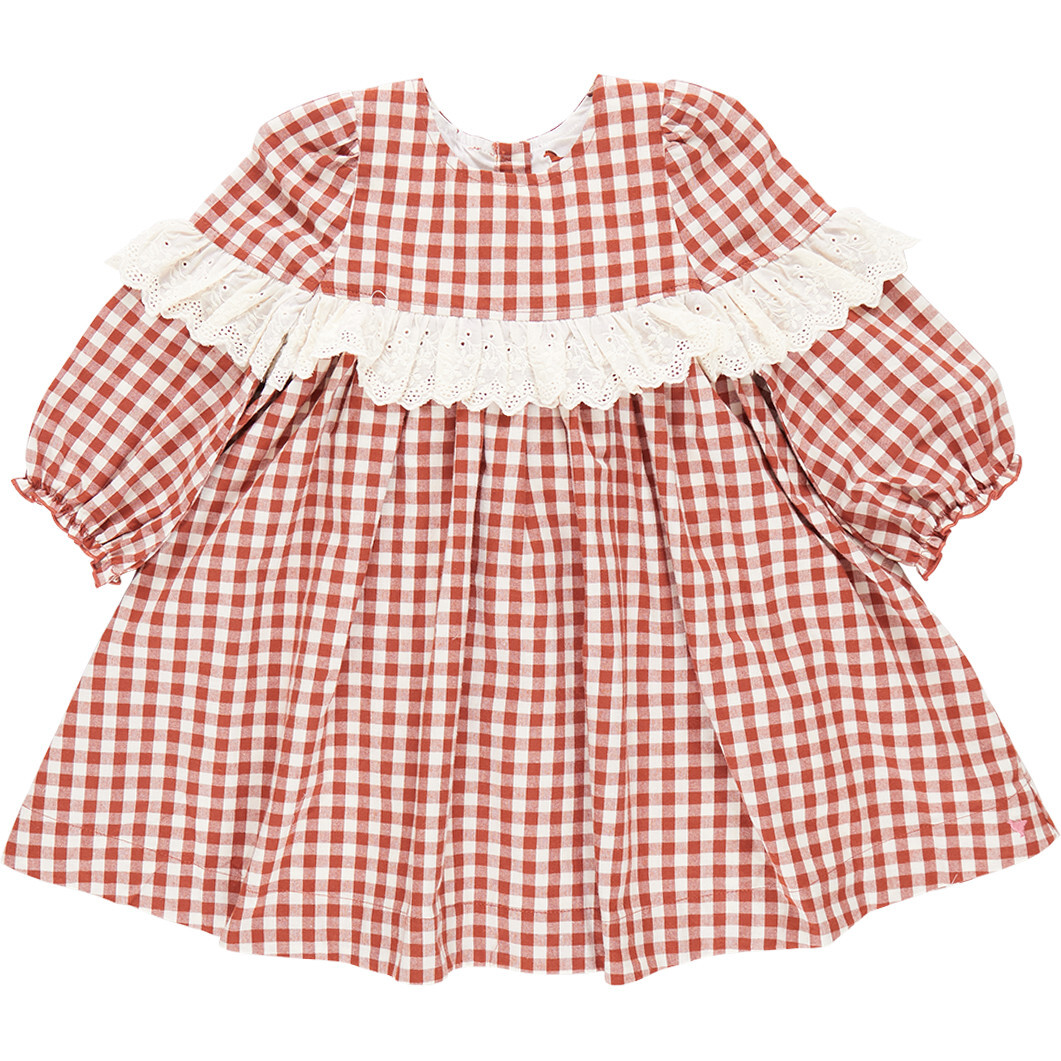 Girls Dixie Ruffle Eyelet Lace Long Puff Sleeve Dress, Pony Gingham - Dresses - 1