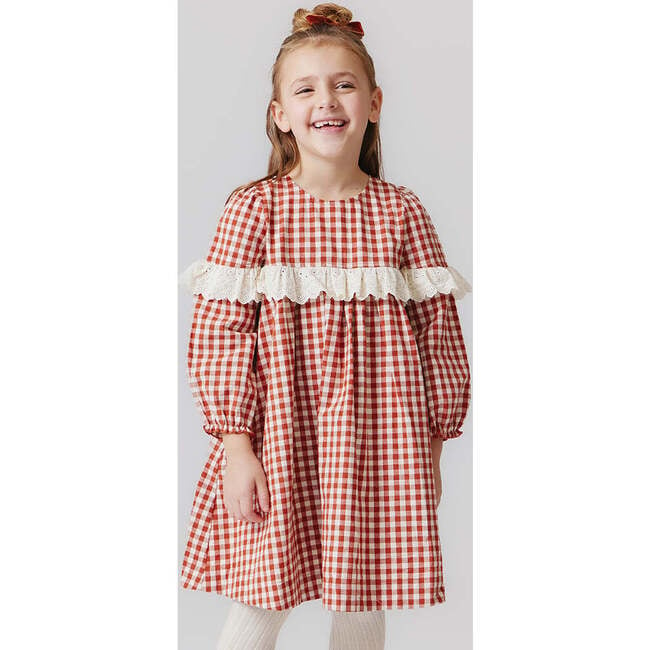 Girls Dixie Ruffle Eyelet Lace Long Puff Sleeve Dress, Pony Gingham - Dresses - 2