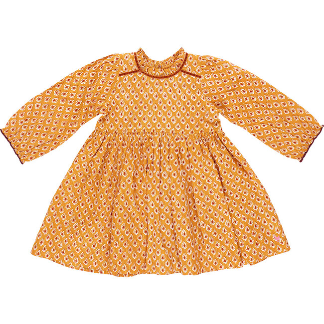 Girls Charlie Ruffle Neck Long Sleeve Dress, Inca Gold Tear Drop