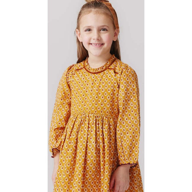 Girls Charlie Ruffle Neck Long Sleeve Dress, Inca Gold Tear Drop - Dresses - 2