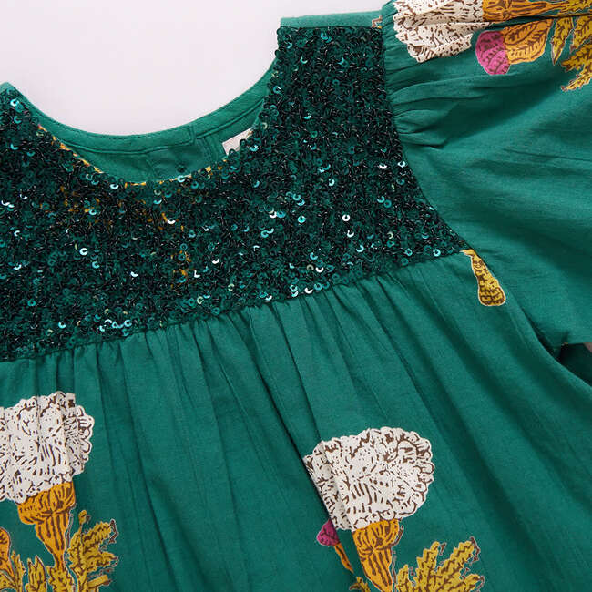 Girls Fiona Sequin Check Long Puff Sleeve Tired Dress, Emerald Marigold - Dresses - 5