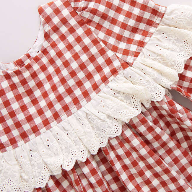 Girls Dixie Ruffle Eyelet Lace Long Puff Sleeve Dress, Pony Gingham - Dresses - 4