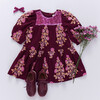 Girls Fiona Sequin Check Long Puff Sleeve Tired Dress, Burgundy Bouquet Floral - Dresses - 6