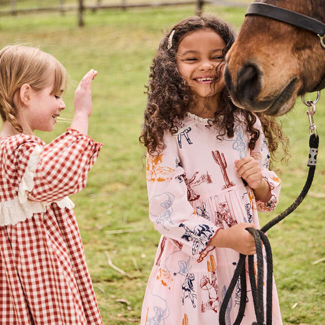 Girls Charlie Lace Trim Collar Long Puff Sleeve Tired Dress, Pink Cowgirls - Dresses - 3