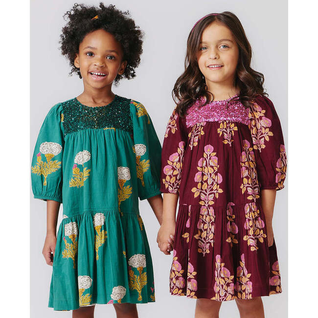 Girls Fiona Sequin Check Long Puff Sleeve Tired Dress, Emerald Marigold - Dresses - 6