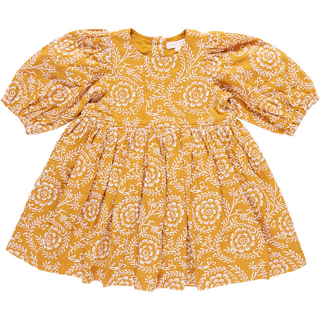 Girls Brooke Gathered Puff Sleeve Twirl Dress, Inca Gold Blooming Embroidery