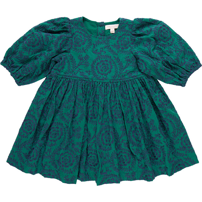 Girls Brooke Gathered Puff Sleeve Twirl Dress, Evergreen Blooming Embroidery