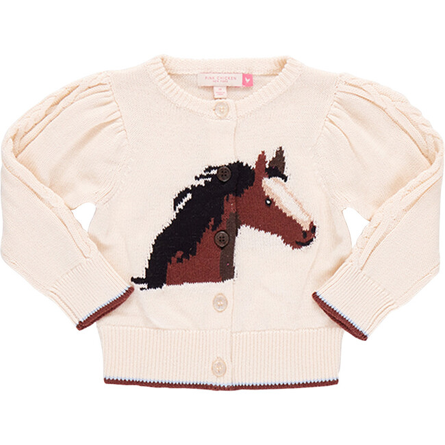 Girls Cable Constance Gathered Puff Shoulder Buttoned Sweater, Wild Horse