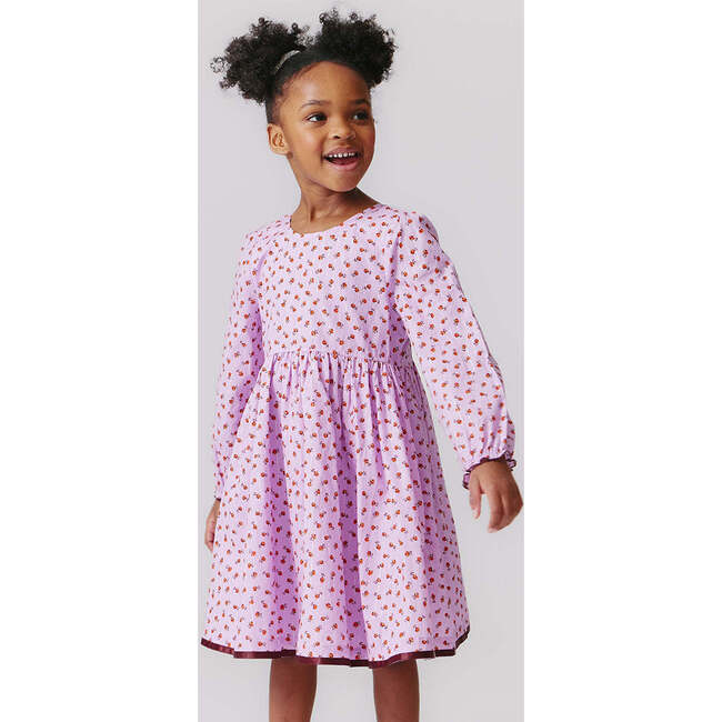 Girls Amma Long Sleeve Satin Trim Dress, Lavender Tiny Roses - Dresses - 2