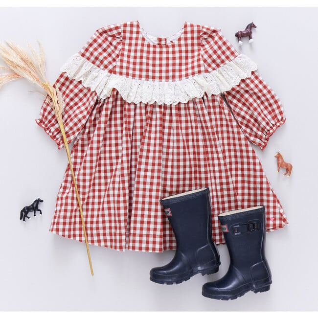 Girls Dixie Ruffle Eyelet Lace Long Puff Sleeve Dress, Pony Gingham - Dresses - 6