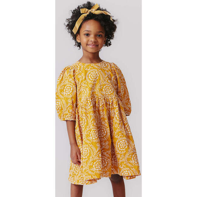 Girls Brooke Gathered Puff Sleeve Twirl Dress, Inca Gold Blooming Embroidery - Dresses - 2