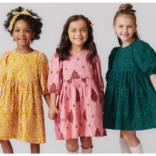 Girls Brooke Gathered Puff Sleeve Twirl Dress, Evergreen Blooming Embroidery - Dresses - 4