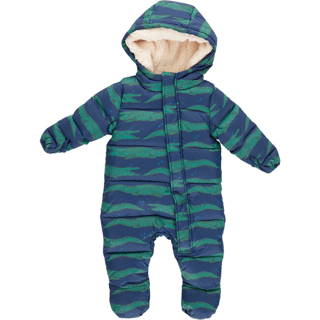 Baby Sherpa Lined Water-Resistant Hooded Puffer Snowsuit, Crocodiles