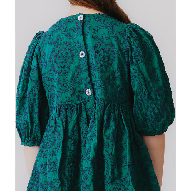Girls Brooke Gathered Puff Sleeve Twirl Dress, Evergreen Blooming Embroidery - Dresses - 5