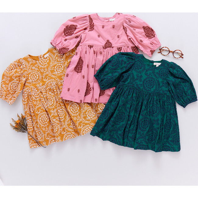 Girls Brooke Gathered Puff Sleeve Twirl Dress, Evergreen Blooming Embroidery - Dresses - 6