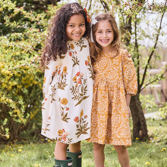 Girls Brooke Gathered Puff Sleeve Twirl Dress, Inca Gold Blooming Embroidery - Dresses - 4