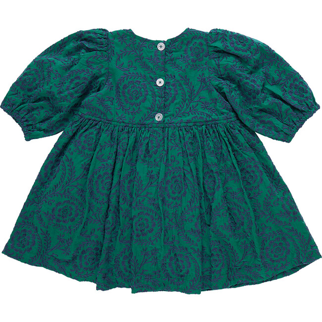 Girls Brooke Gathered Puff Sleeve Twirl Dress, Evergreen Blooming Embroidery - Dresses - 7