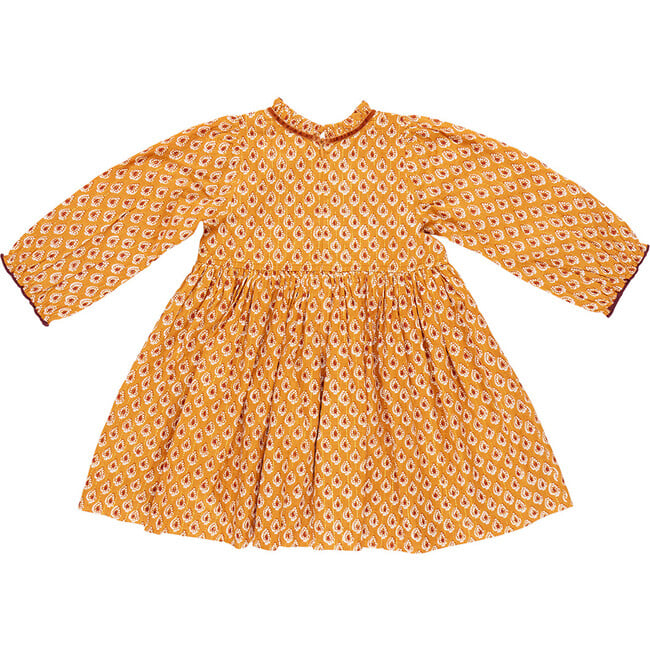 Girls Charlie Ruffle Neck Long Sleeve Dress, Inca Gold Tear Drop - Dresses - 7