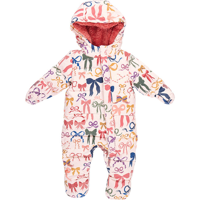 Baby Sherpa Lined Water-Resistant Hooded Puffer Snowsuit, Bows On Bows Pink