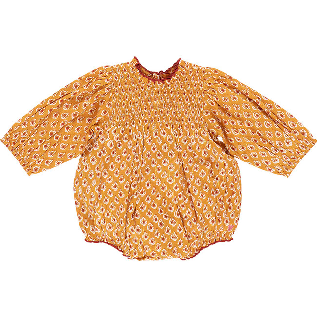 Baby Girls Stevie Ruffle Neck Long Puff Sleeve Bubble, Gold Tear Drop