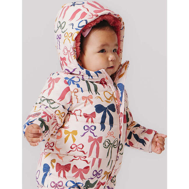 Baby Sherpa Lined Water-Resistant Hooded Puffer Snowsuit, Bows On Bows Pink - Snowsuits - 5