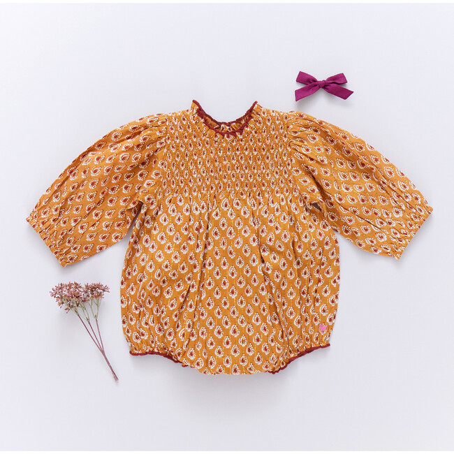 Baby Girls Stevie Ruffle Neck Long Puff Sleeve Bubble, Gold Tear Drop - Onesies - 5