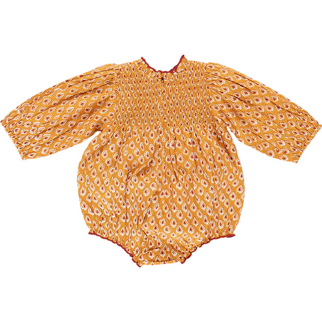 Baby Girls Stevie Ruffle Neck Long Puff Sleeve Bubble, Gold Tear Drop - Onesies - 6