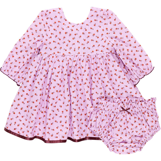 Baby Girls Amma Long Sleeve Satin Trim Dress & Bloomer Set, Lavender Tiny Roses