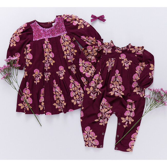 Baby Girls Kalani Ruffle Shoulder Long Sleeve Jumper, Burgundy Bouquet Floral - Onesies - 3