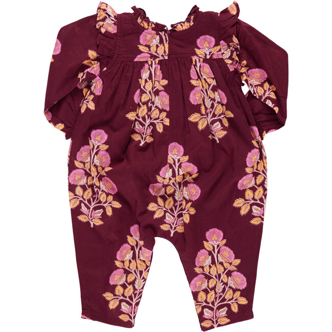 Baby Girls Kalani Ruffle Shoulder Long Sleeve Jumper, Burgundy Bouquet Floral - Onesies - 4