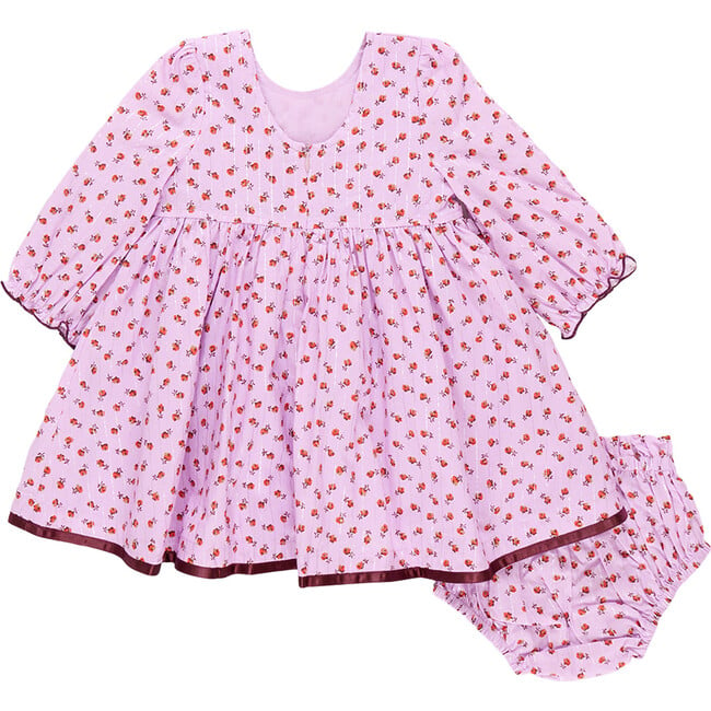 Baby Girls Amma Long Sleeve Satin Trim Dress & Bloomer Set, Lavender Tiny Roses - Dresses - 5