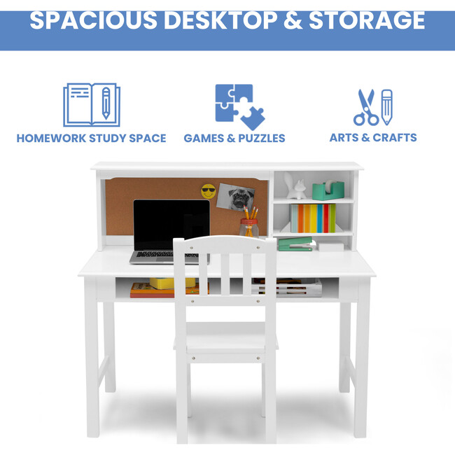 Kids' Wood Desk with Hutch & Chair, White - Desks - 5