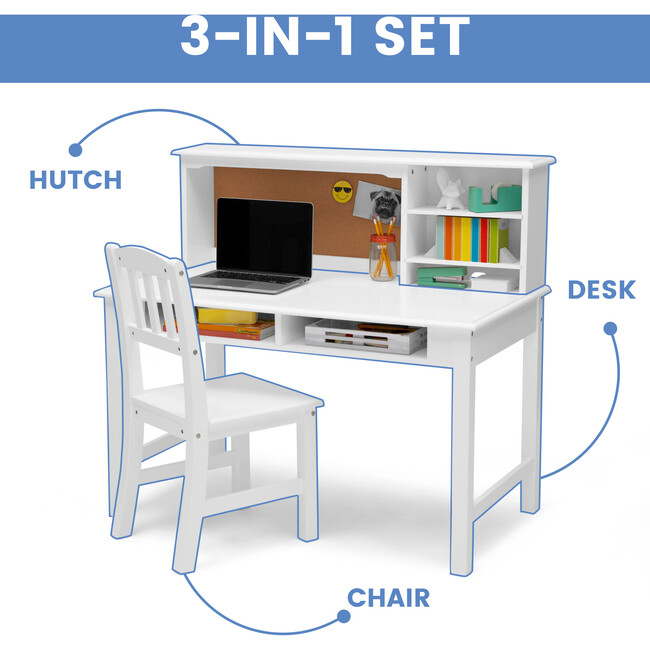 Kids' Wood Desk with Hutch & Chair, White - Desks - 6