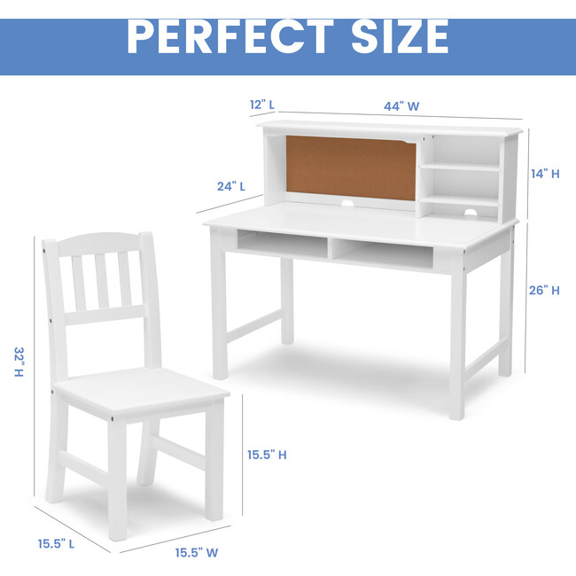 Kids' Wood Desk with Hutch & Chair, White - Desks - 7