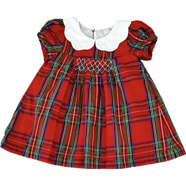 Tartan Plaid Round Collar Short Puff Sleeve Dress, Red