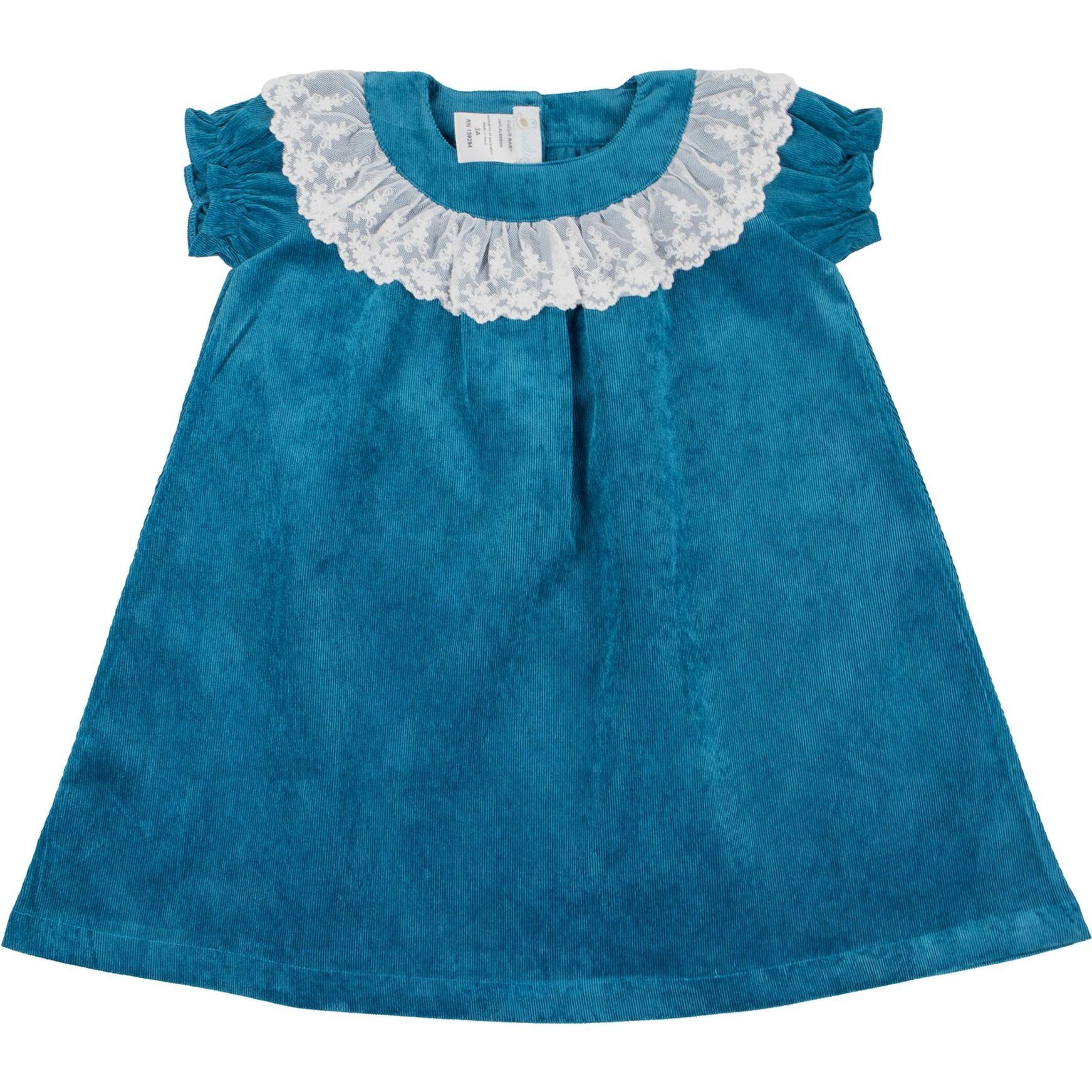 Lace Collar Corduroy Dress, Teal - Dresses - 1