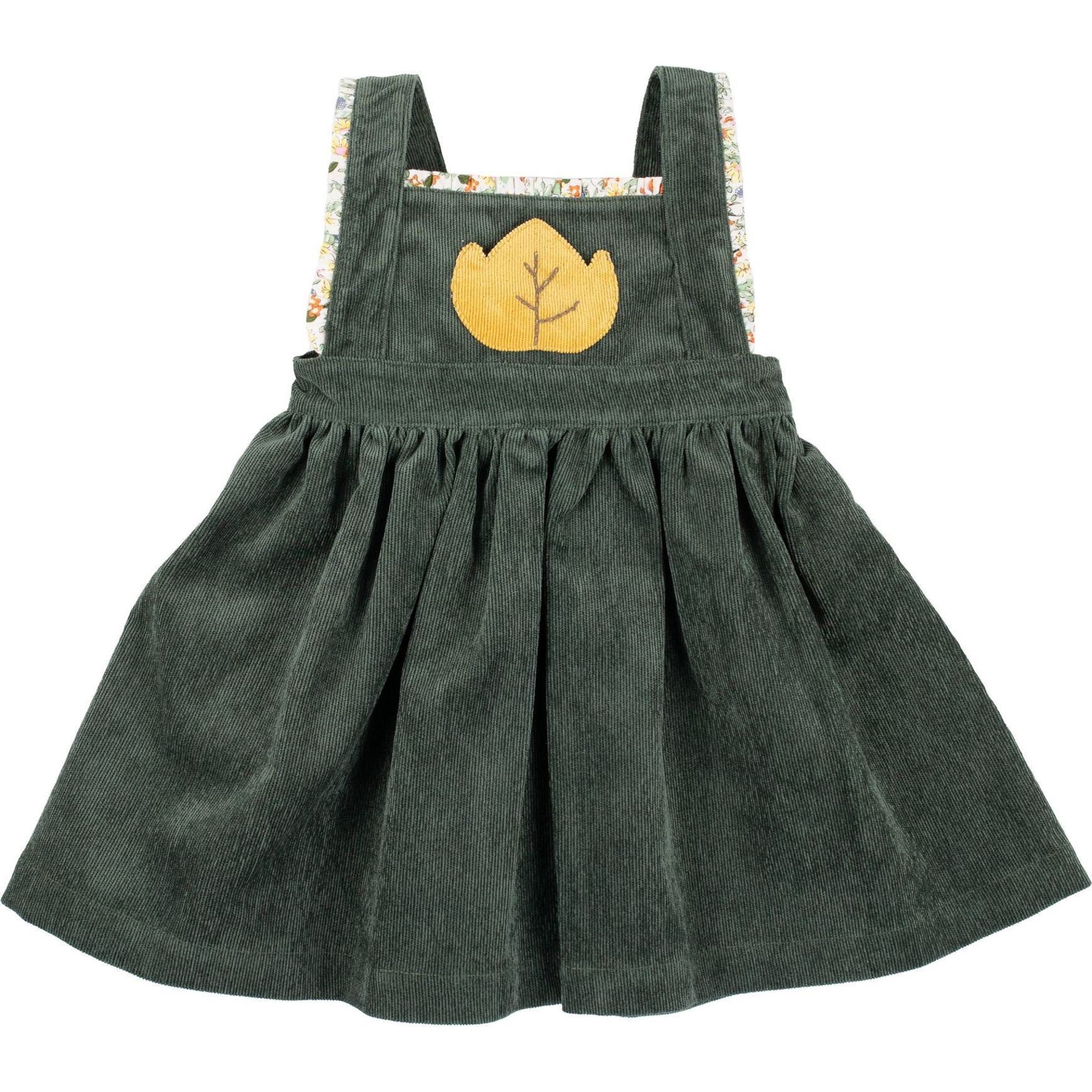 Forest Green Corduroy Pinafore Dress, Green - Dresses - 1