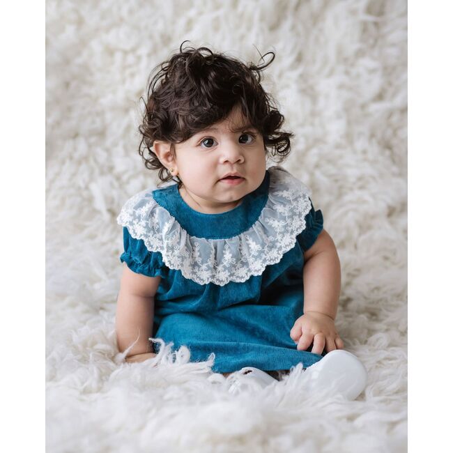 Lace Collar Corduroy Dress, Teal - Dresses - 5