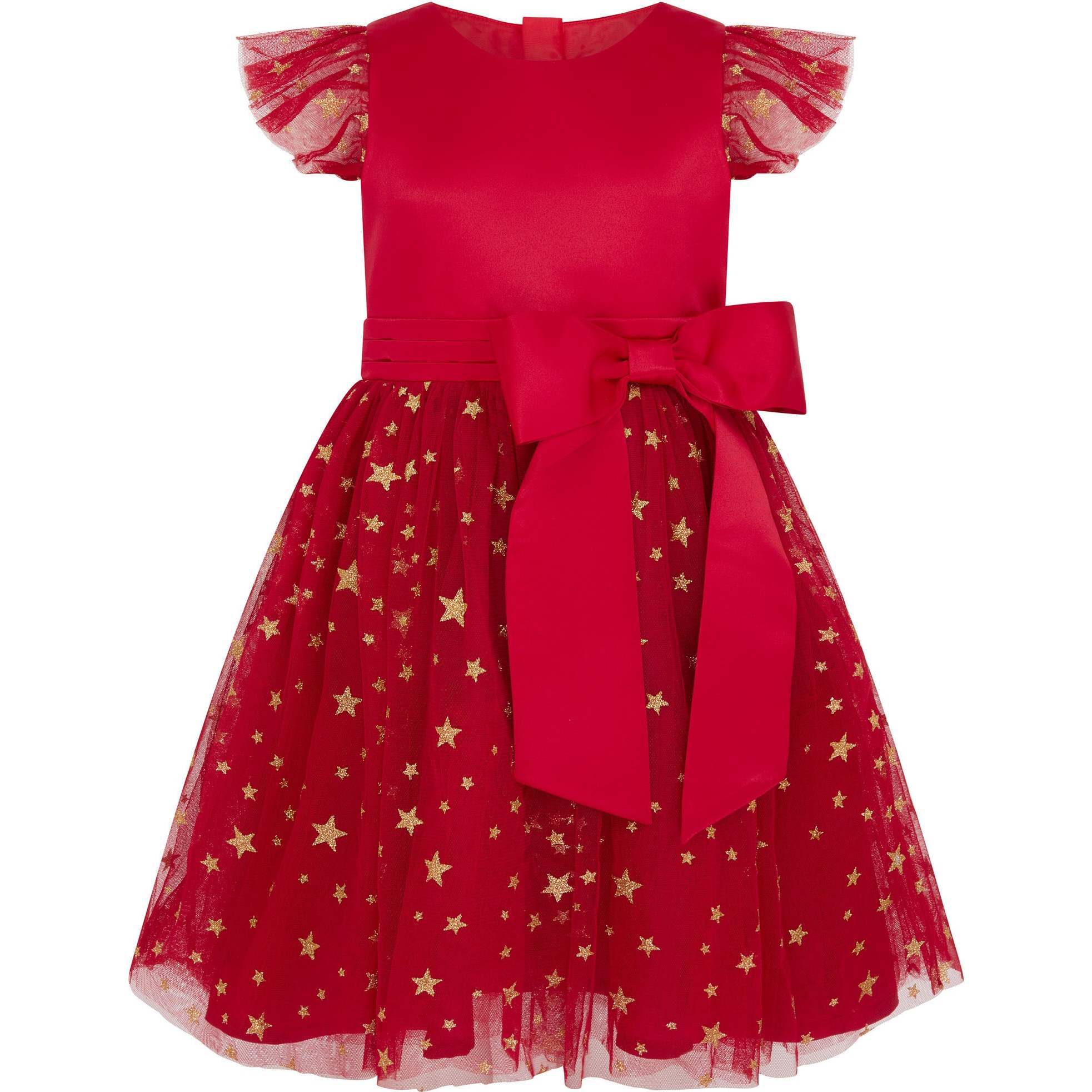 Stella Satin & Gold Star Girls Party Dress, Red - Dresses - 1