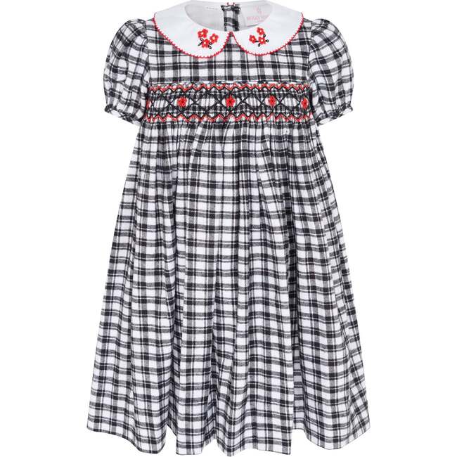 Princess Layla Hand Smocked Embroidered Check Girls Dress, Black & White - Dresses - 1